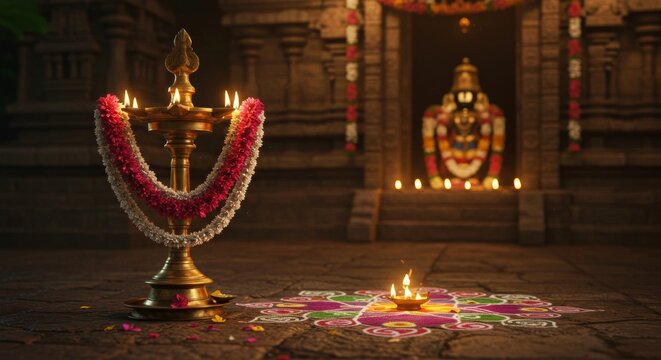 Thiruvathira, flower garland, brass lamp, kolam pattern, temple backdrop