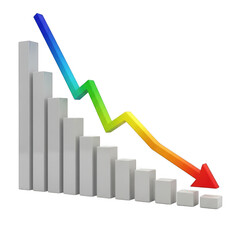 Falling bar chart with colorful downward trend arrow showing decline transparent background
