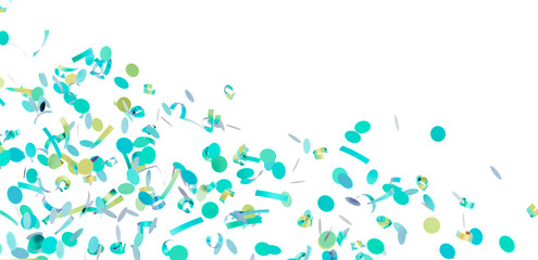 Beautiful image of teal and gold confetti falling on a white background. Perfect for celebrations and festive designs.