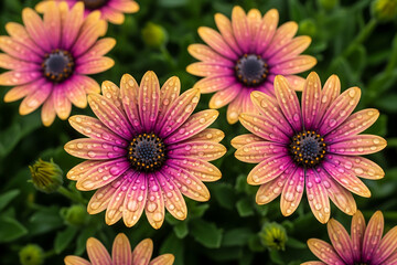 Obraz premium Close up of vibrant pink and orange daisies with water droplets