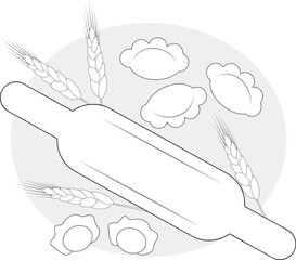 Illustration of a rolling pin and gyoza ravioli on a white background