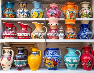 Colorful pottery displayed on shelves