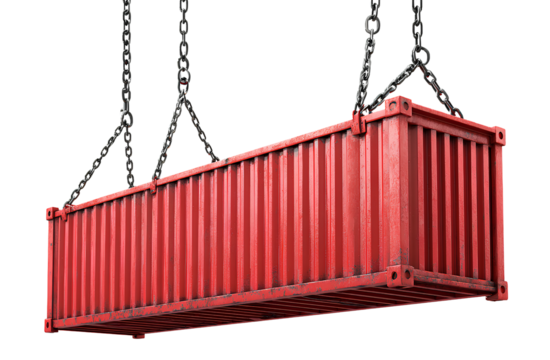  red cargo container hanging from a crane, transparent background png file 