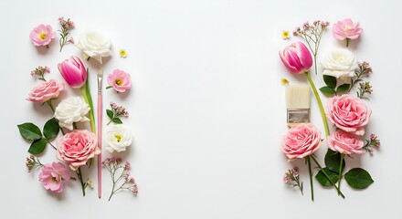 Creative flatlay with pink and white flowers, scattered petals, and paintbrush on white background &mdash; perfect for spring design themes