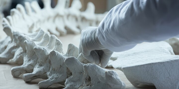 Paleontologist working on ancient fossil vertebrae spine replica