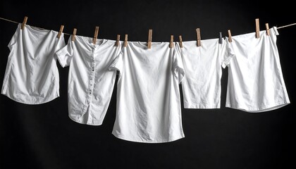 Clean white clothes hanging on a clothesline against a black background