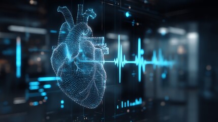 A glowing, digital rendering of a human heart is displayed alongside a dynamic electrocardiogram, symbolizing the intersection of technology and vital life functions, evoking a sense of futuristic