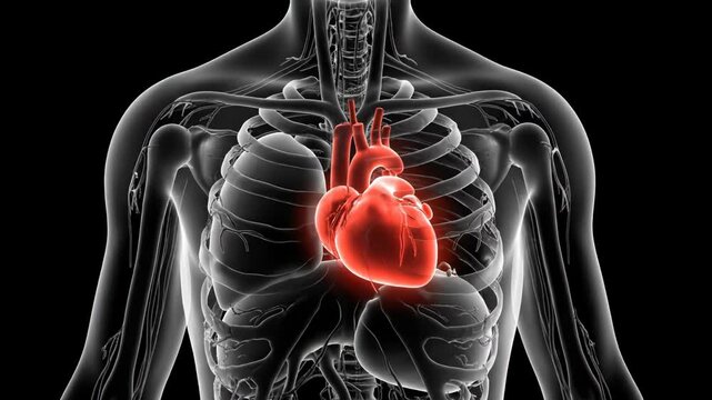 Medical visualization of the human circulatory system, showcasing the glowing red heart inside the rib cage and surrounded by the lungs