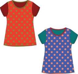 Two girls' short-sleeved t-shirts, one red and one blue, are depicted.