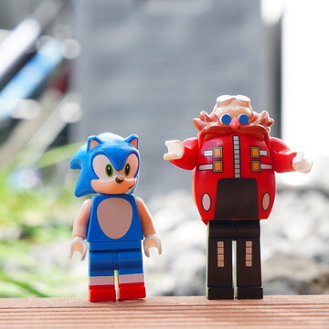 Lego minifigures of Sonic the Hedgehog and Dr. Eggman posed outdoors on a wooden surface with blurred background