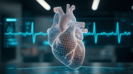 A detailed, glowing wireframe rendering of a human heart is prominently displayed against a blurred, high-tech medical background, accompanied by a vibrant ECG readout, symbolizing life and medical