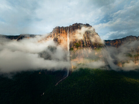 Aerial view of Angel Falls cascading down the Auy&Atilde;&iexcl;n-tepui mountain, framed by ethereal clouds and dense forest, Canaima National Park, Bol&Atilde;&shy;var, Venezuela.
