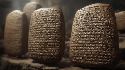 Ancient clay tablets with etched writing