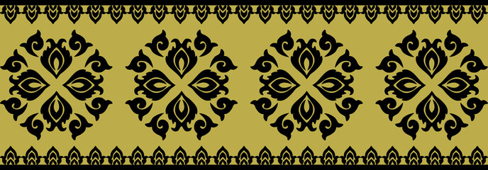 fabric pattern black leaves , Thai fabric pattern ,Ethnic abstract ikat art. Seamless pattern in tribal, folk embroidery, and Mexican style. Aztec geometric art ornament print.Design for carpet
