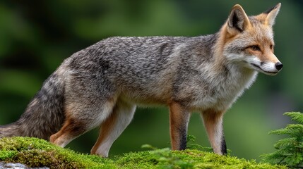 Fototapeta premium Red fox exploring the forest at night in Germany with moss and pine trees surrounding its path