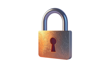 A detailed 3D model of a metallic padlock.  The padlock is golden-bronze with a textured surface, a keyhole, and a silver-toned metal latch.  It sits on a black background
