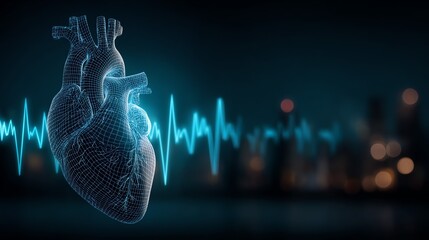 A digitally rendered anatomical heart illustration glows with a vibrant blue pulse against a blurred, dark teal background, symbolizing life and the complex rhythms within the human body.
