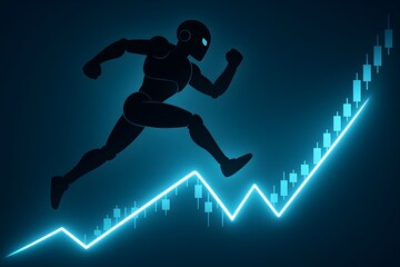 Futuristic glowing humanoid robot sprinting on rising financial stock chart crypto success