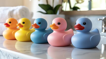 Colorful Rubber Ducks Aligned in a Bright Bathroom