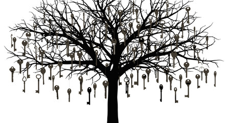 A silhouette tree bearing a harvest of keys, suggesting access solutions and unlocking potential
