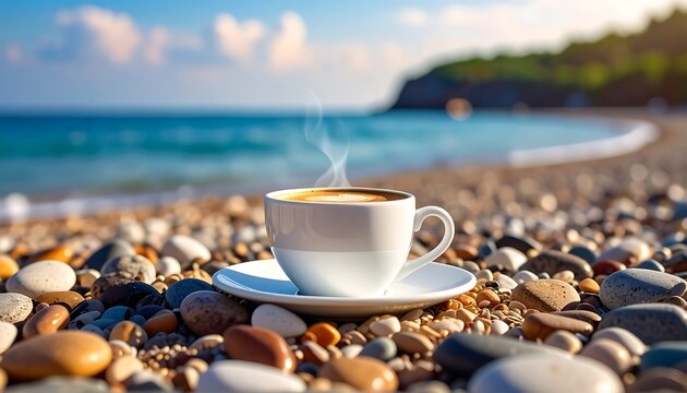 A cup of coffee on a beach