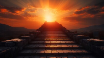 Ancient steps leading to a fiery sunset