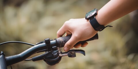 Hand on bicycle handlebar, tracking time while cycling outdoors