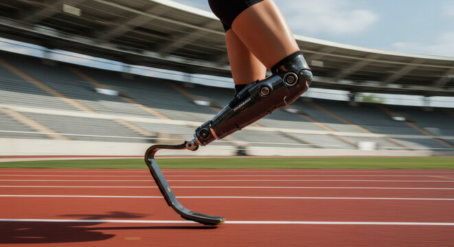 Inspiring close-up of an adaptive female athlete's prosthetic leg sprinting with determination on a stadium running track - Powered by Adobe