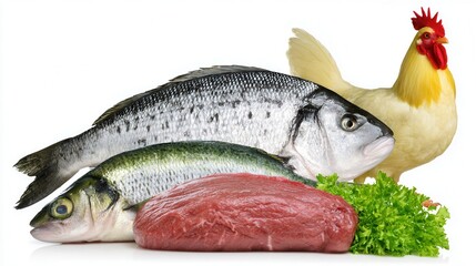 Fresh meat, poultry, fish assortment with herbs on white background
