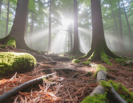 Bioluminescent fungi and moss on forest floor aglow, vibrant glowing veins wind through ancient trees, a magical and captivating scene