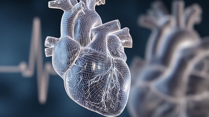 A detailed anatomical rendering showcases the human heart, presented as a wireframe model against a blurred background featuring a heartbeat waveform and a secondary heart image.