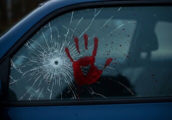 車窓ガラス破損、赤い手形写真