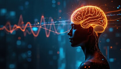 Human brain connected to computer system displays digital brainwaves. Futuristic concept of mind-machine interface, data analysis, neural network. Science, technology, innovation, human thought.
