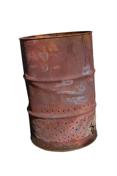 rusty, brown-red metal barrel with holes