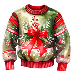 A watercolor style Christmas sweater with red, white, and green details for the holiday season.