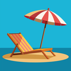 Wooden beach chair sits on a sunny shore under a striped umbrella