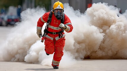 Firefighter in red uniform using a fire extinguisher to combat blaze at wooden house during emergency training in industrial area