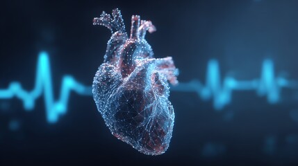 A digitally rendered human heart is depicted as a complex network of glowing lines and nodes, overlaid against a blurred electrocardiogram, symbolizing the intersection of biology and technology.