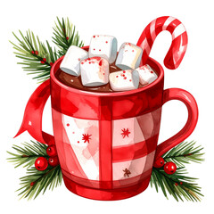 Festive hot chocolate cup with marshmallows, candy cane and pine, a watercolor art