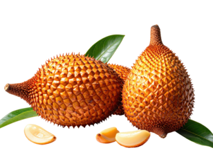 Two ripe salak fruit, with segments, sit on a dark background.  Leaves and broken segments are scattered around them