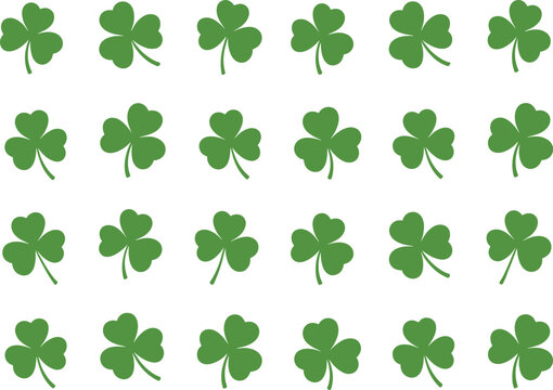 Shamrock pattern icons, green clover grid design, black and white illustration, Irish symbol vector, St. Patrick’s Day graphic, lucky leaf decorative set