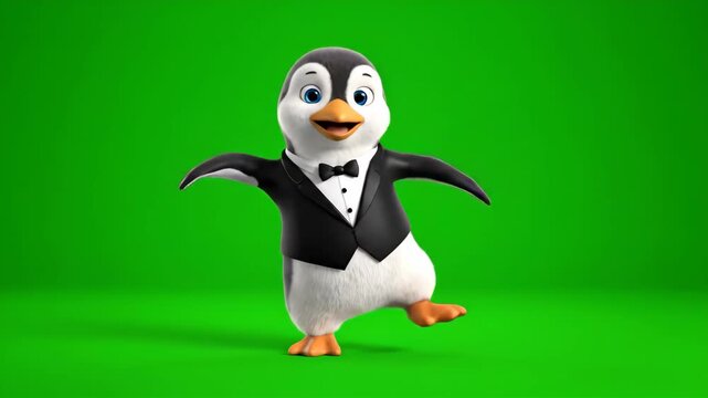 Cute Penguin Cartoon Character Standing and Smiling on a Green Screen, Wearing a Tuxedo With Bow Tie for Animation or Film Background