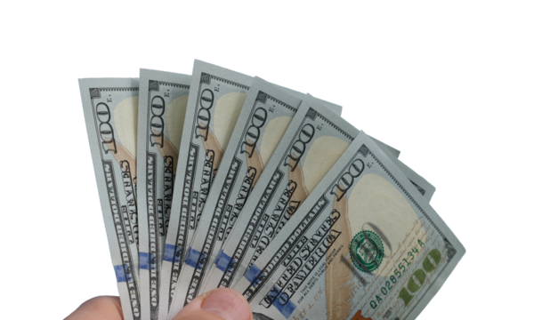 Dollar banknotes in hand isolated. Fan 100-dollar banknotes. Making money, achieving wealth, and success.