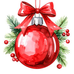 Festive red Christmas ornament with a watercolor style and a bright red ribbon bow.