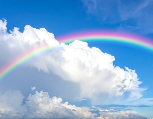 Colorful rainbow arches over cumulus clouds