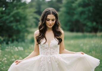 緑地ウェディングドレス女性ポートレート