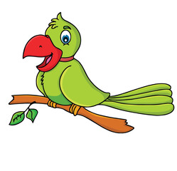 Cute cartoon hand drawn vector smiley parrot sitting on the tree branch clipart.