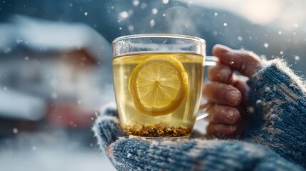 Cozy winter moment with a warm lemon herbal tea outdoors