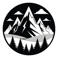 Obraz premium Silhouette mountains surrounded by trees with clouds resting above in monochrome flat graphic