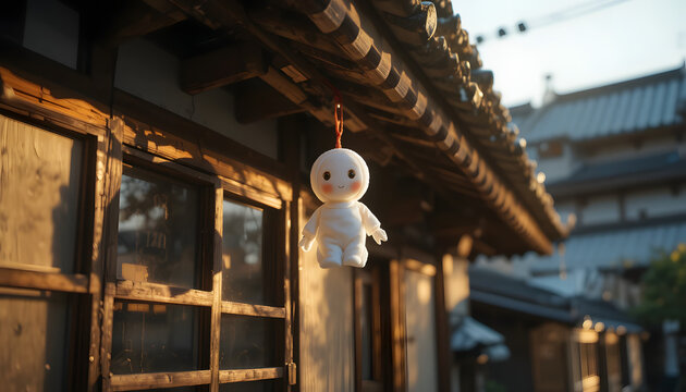 Cute teru teru bozu doll hanging from the eaves of a traditional japanese house